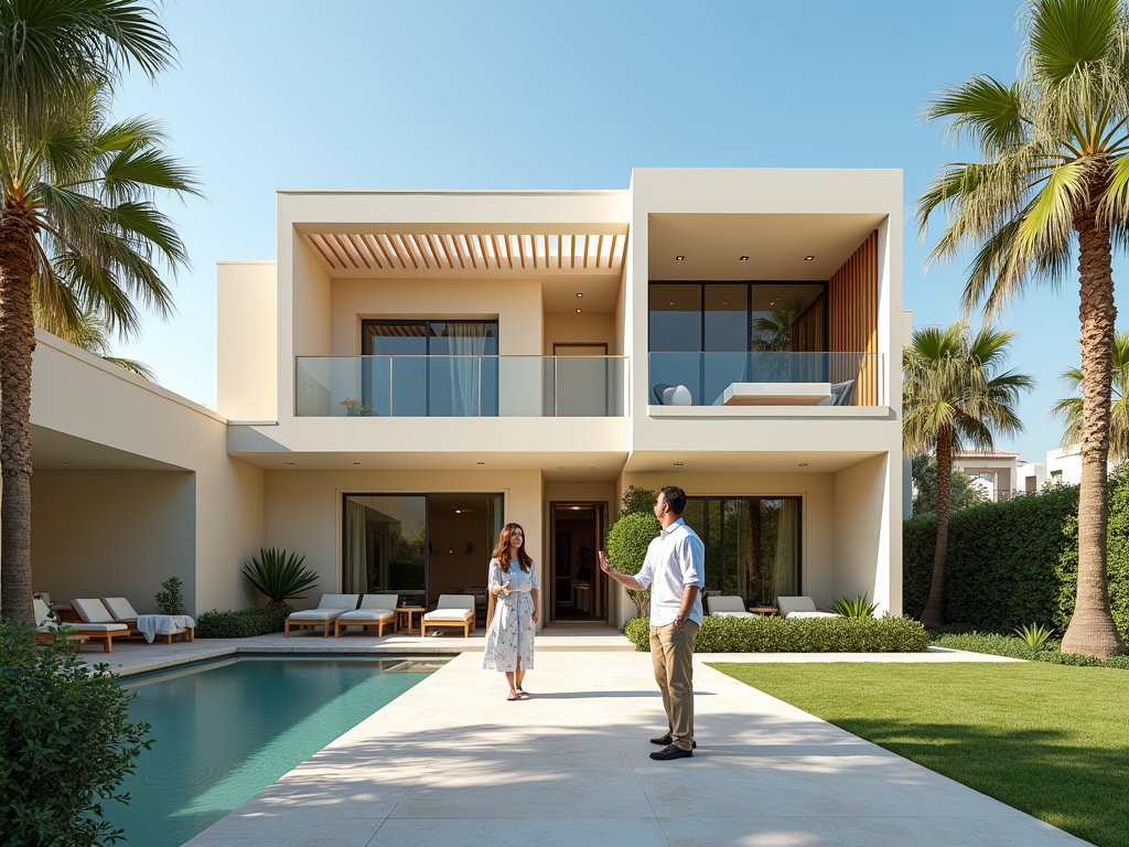 A couple stands by a pool in front of a modern house with palm trees and a clear blue sky.