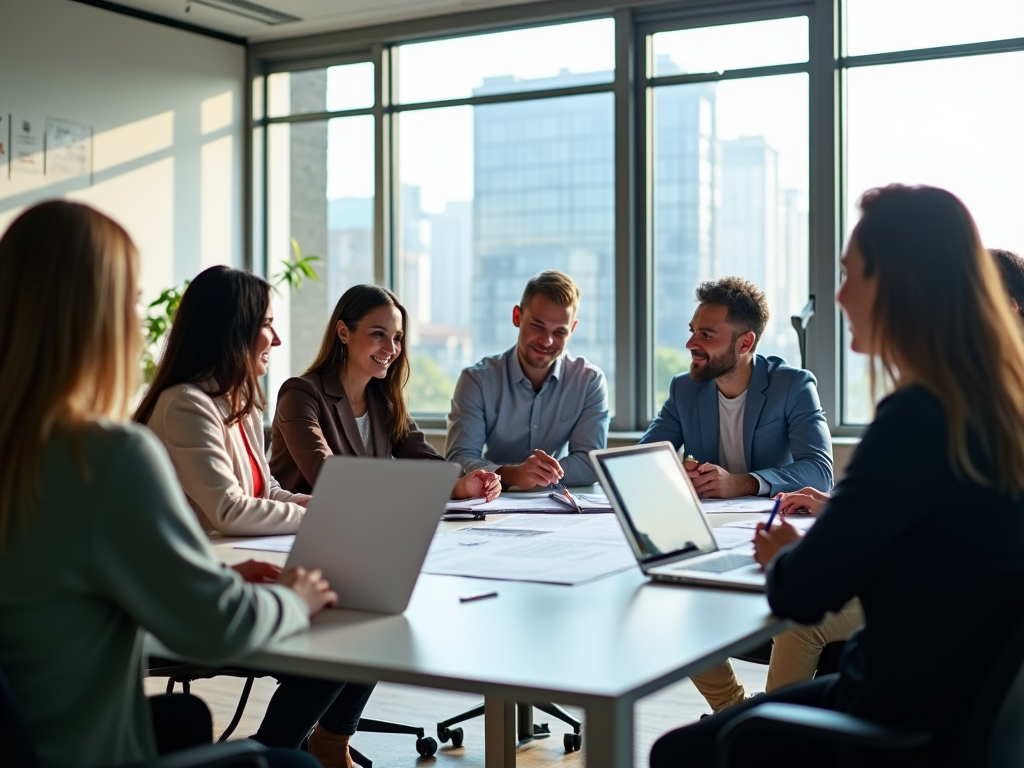 Diverse group of professionals smiling and discussing around a meeting table in a bright office.