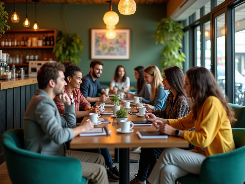 Group of young adults gathered around a table in a cozy café, engaging in conversations over coffee.