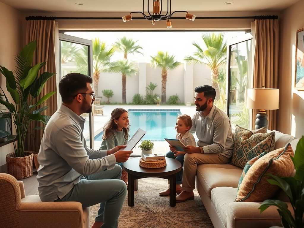 A family enjoys a relaxed moment by the pool, discussing plans while sitting in a stylish living room.