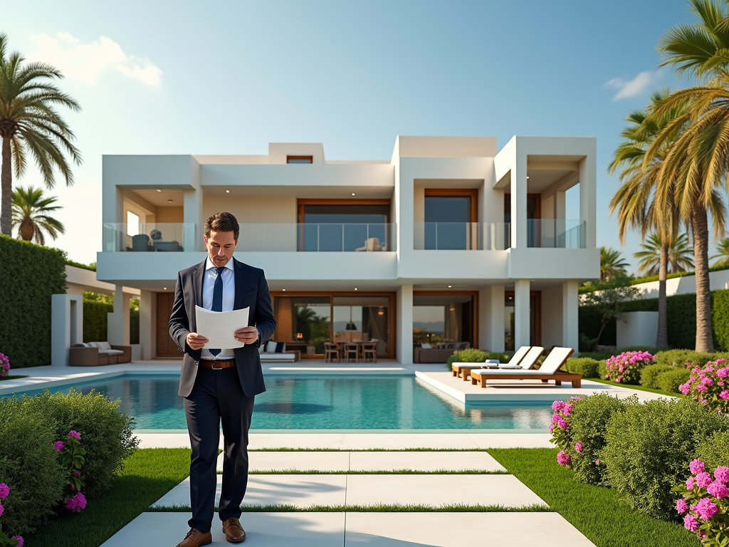 A man in a suit stands by a pool, reading documents in front of a modern villa surrounded by palm trees and flowers.