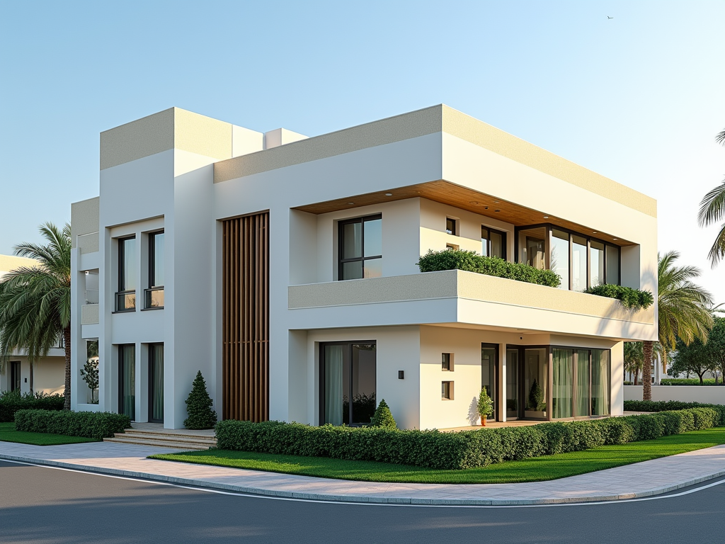 Modern two-story house with a flat roof, large windows, and green landscaping at twilight.