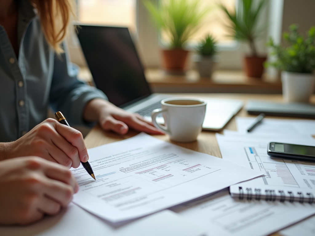 Woman working with documents and laptop at a desk with a cup of coffee and smartphone.