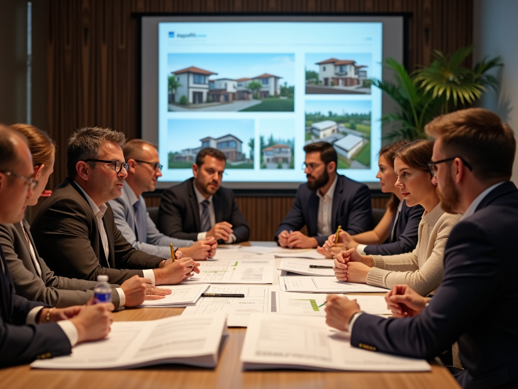 Professionals in a meeting discussing over documents, with house designs projected in background.