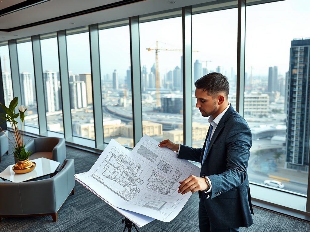 A businessman in a suit examines architectural plans with a city skyline visible through large windows behind him.