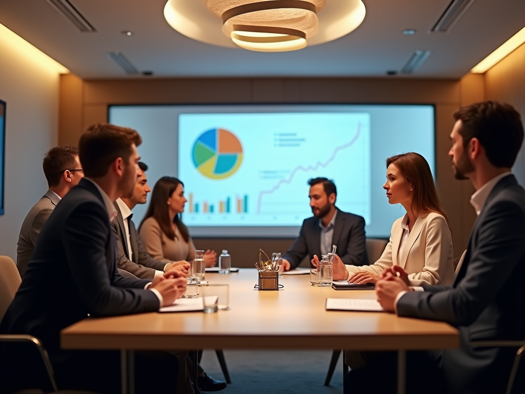 Group of business professionals in a meeting discussing graphs and charts projected on a screen.