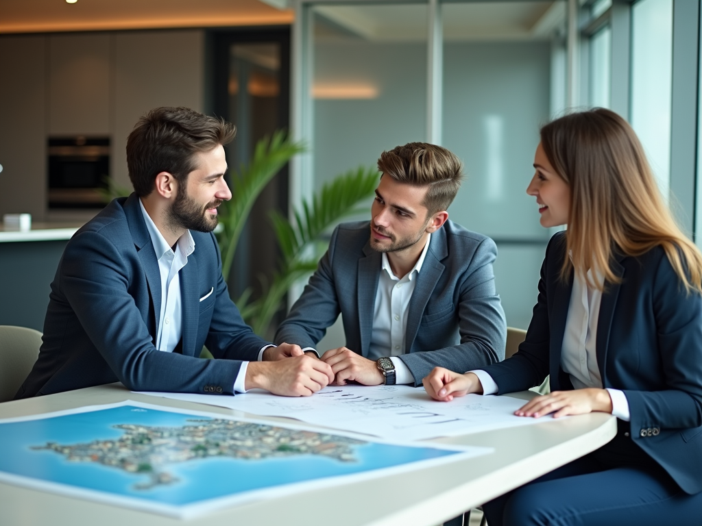 Three professionals in suits discuss plans over a map in a modern office with large windows and greenery.