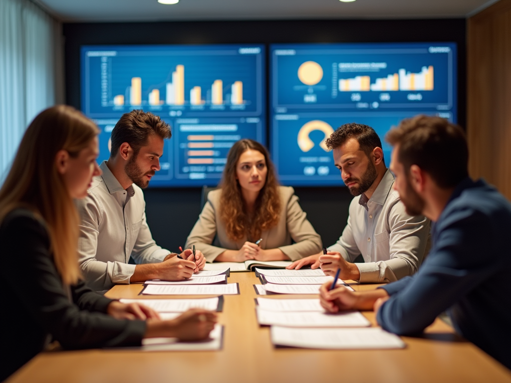 Group of professionals in a meeting with digital data displays in the background.