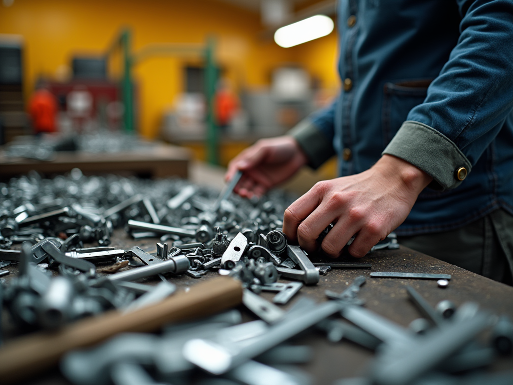 Worker sorting through a scattered assortment of metal tools on a workshop table.