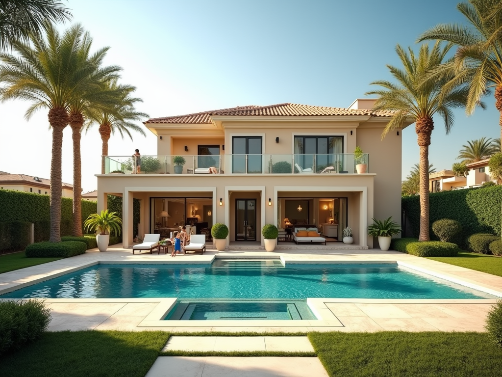 Luxurious two-story house with pool, surrounded by palm trees, with people enjoying the outdoors.