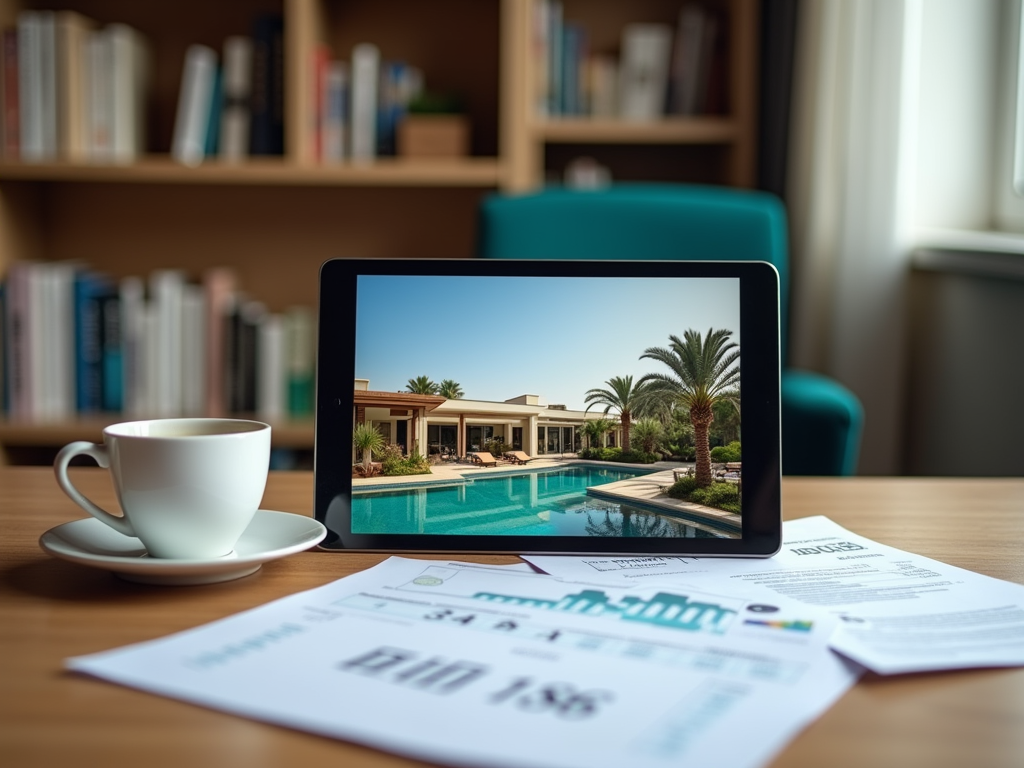 Tablet displaying poolside villa image, with coffee cup and documents on a desk in a book-lined study room.