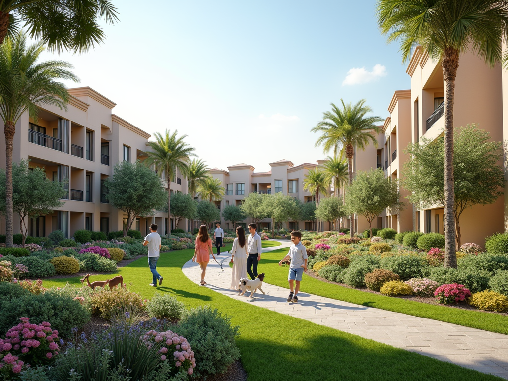 A sunny courtyard with palm trees, flowers, and families walking dogs along a path between buildings.