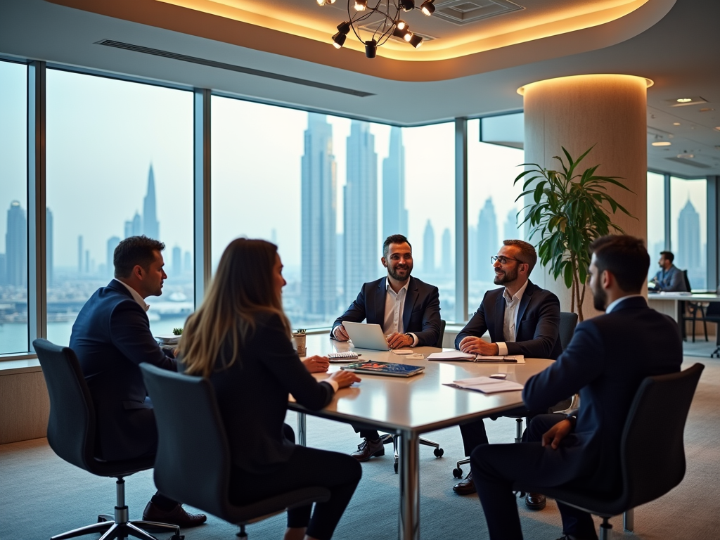 A group of professionals in suits engage in discussion around a table with city views in a modern office.