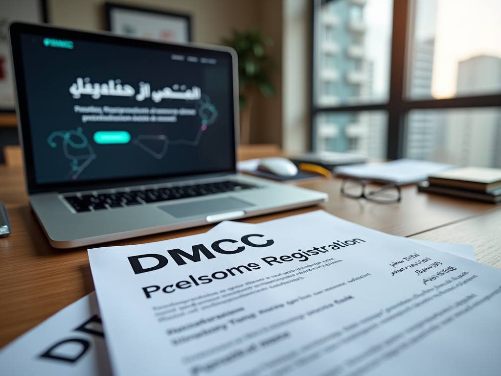 Laptop with Arabic website on screen, registration forms on desk, cityscape through window.