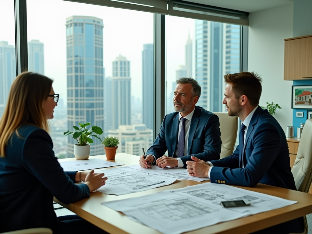 Three professionals discussing over documents in a high-rise office with cityscape views.