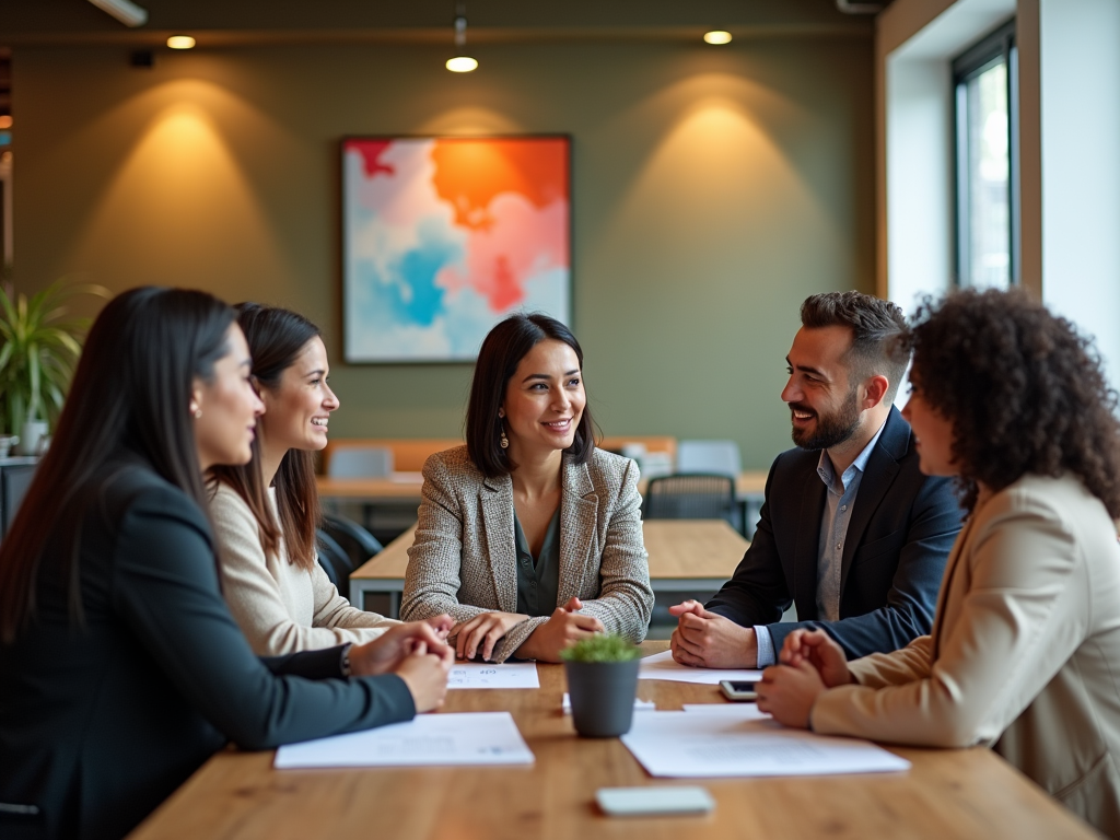 Group of five professionals engaged in a cheerful discussion at a conference table.