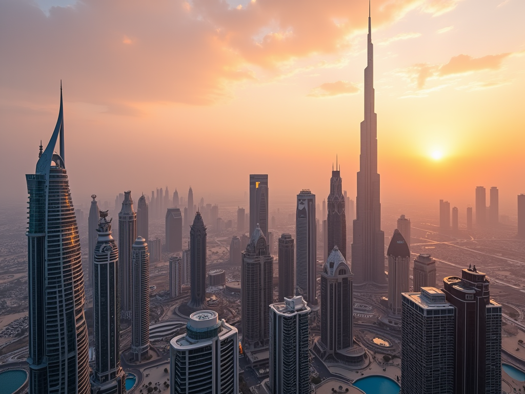 Sunset over Dubai's skyline showing towering skyscrapers including the Burj Khalifa.