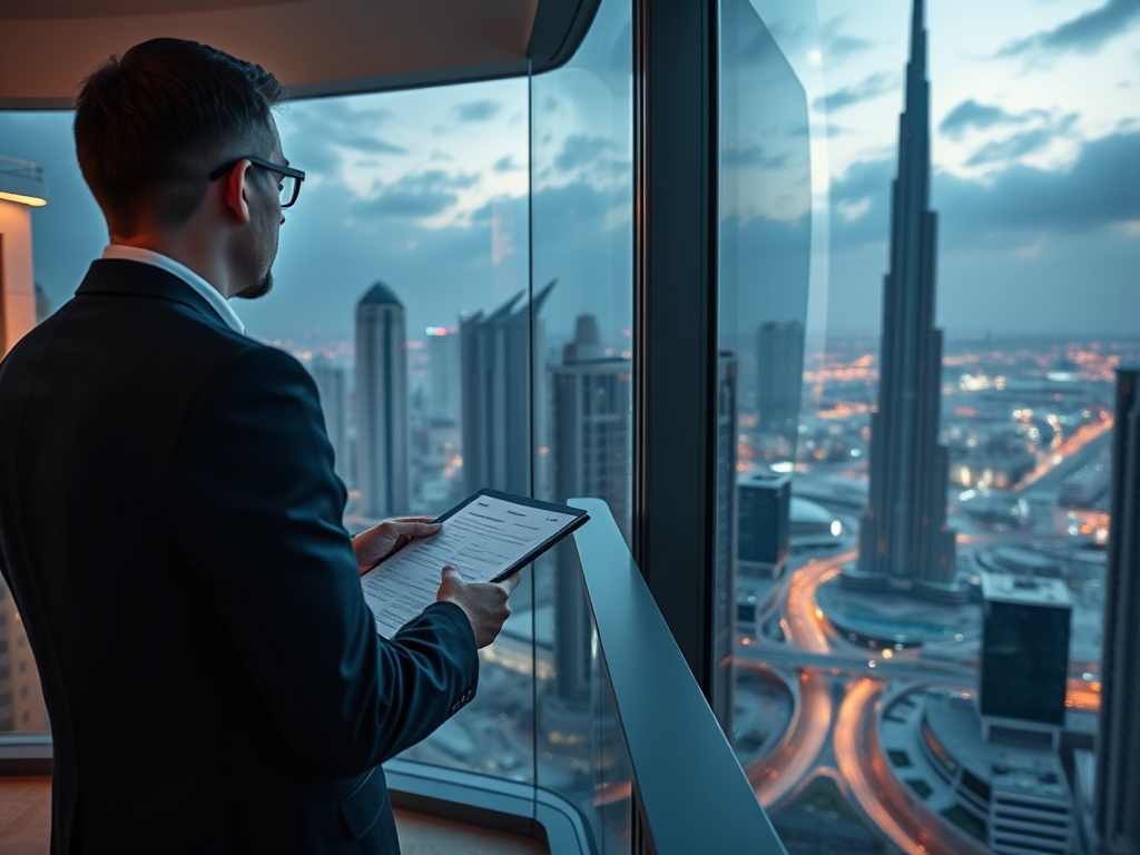 A businessman in a suit looks out over a city skyline, holding a tablet, with buildings and lights in view.