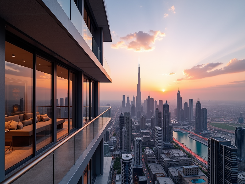 A stunning sunset over a city skyline viewed from a modern balcony, featuring skyscrapers and the Burj Khalifa.