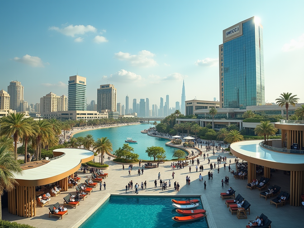 Scenic view of a bustling waterfront, with modern skyscrapers and leisure spots, under a clear blue sky.