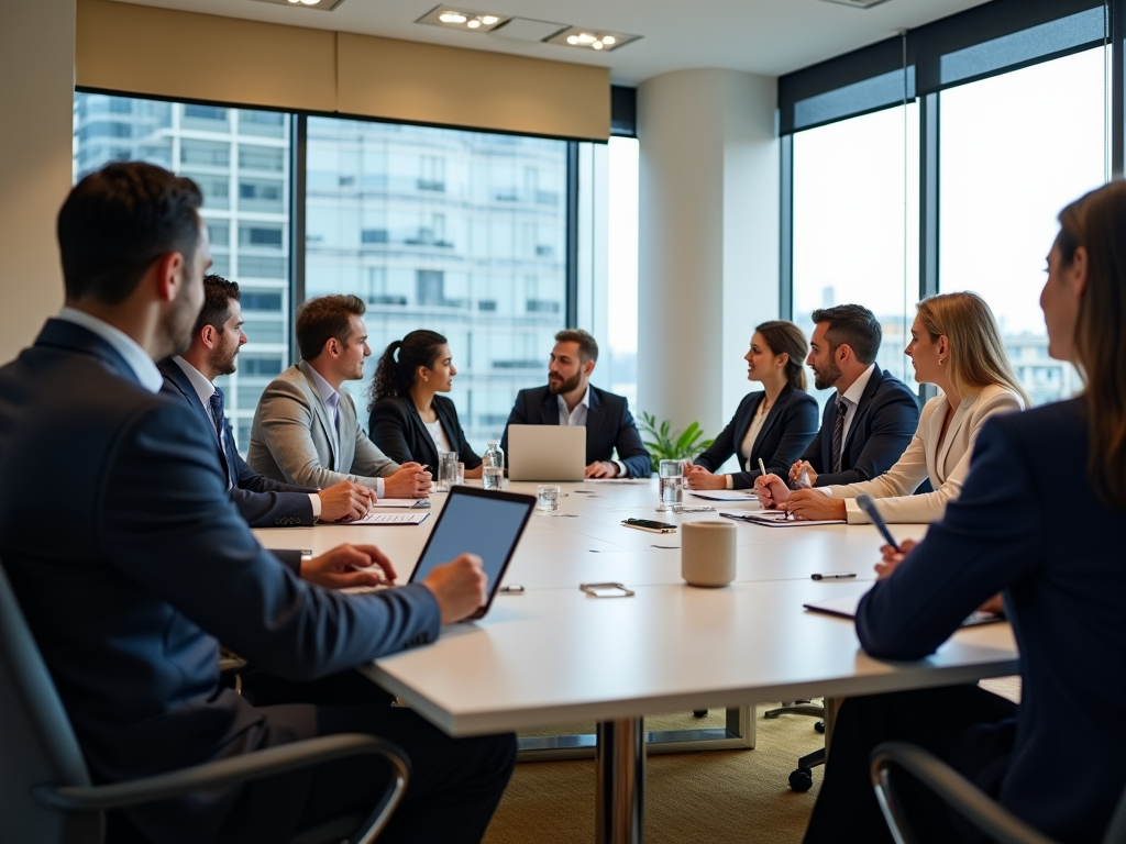 Business professionals engaged in a meeting around a conference table in a modern office.