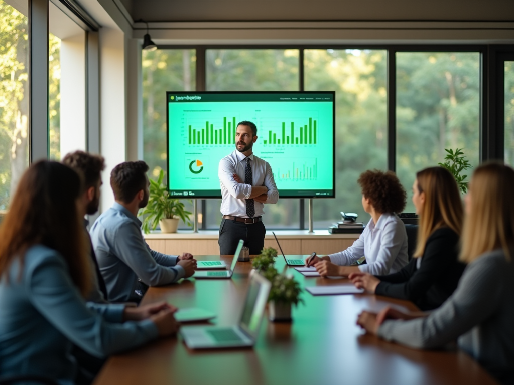 Man presenting financial data on screen to colleagues in a meeting room.