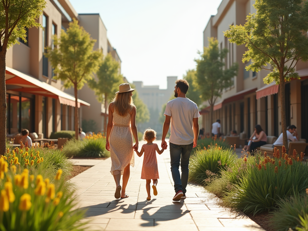 A family walks hand in hand down a sunny pathway surrounded by greenery and flowers.