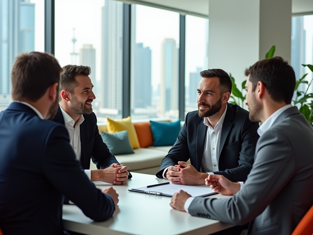 Four men in suits engaged in a discussion around a table in a modern office with a city view.