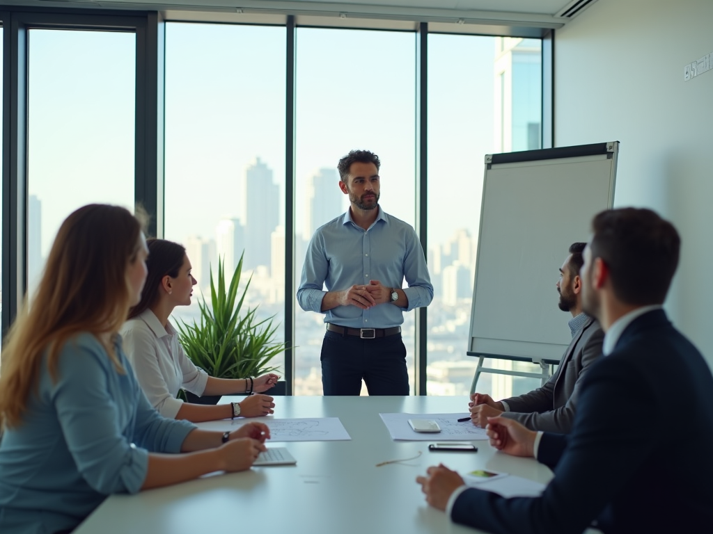 A business meeting in a modern office with a man presenting to colleagues.