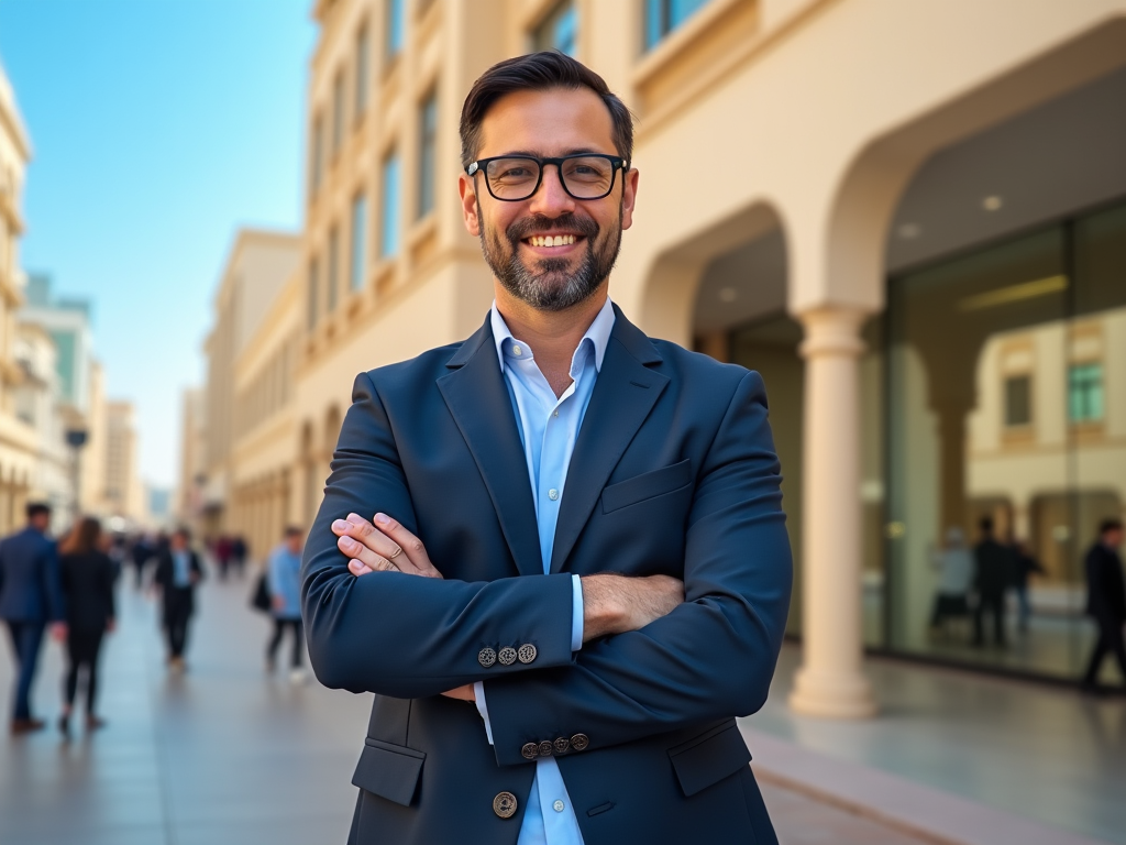 Confident businessman smiling with arms crossed in a busy city street.