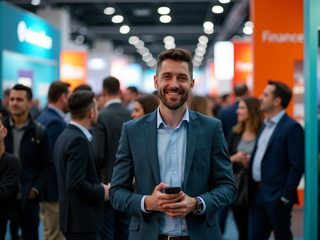 Smiling man in blue suit holding a phone at a busy conference hall.