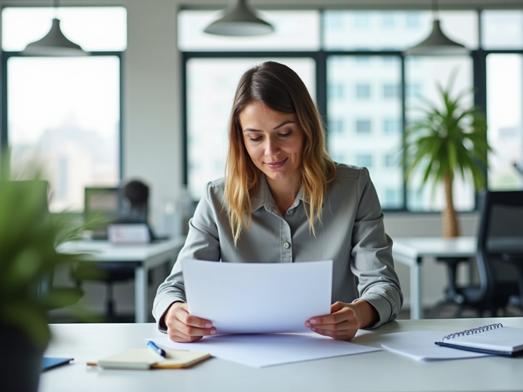 Woman in a business attire reviewing documents at an office desk.