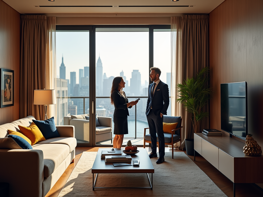 A business meeting takes place in a modern office with a city skyline view, featuring a man and a woman in suits.