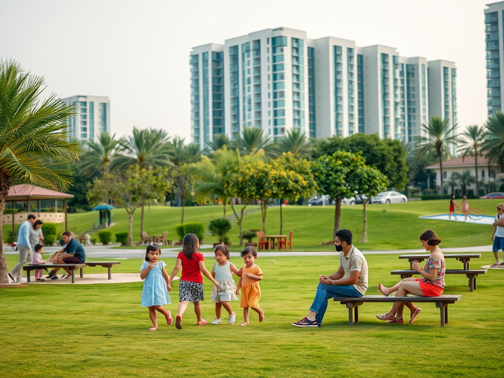 A park scene with children playing and adults relaxing on benches, surrounded by greenery and tall buildings.