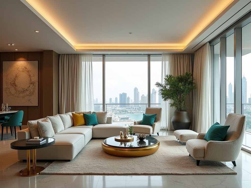 A modern living room with a large sofa, stylish chairs, and a view of the city skyline through large windows.