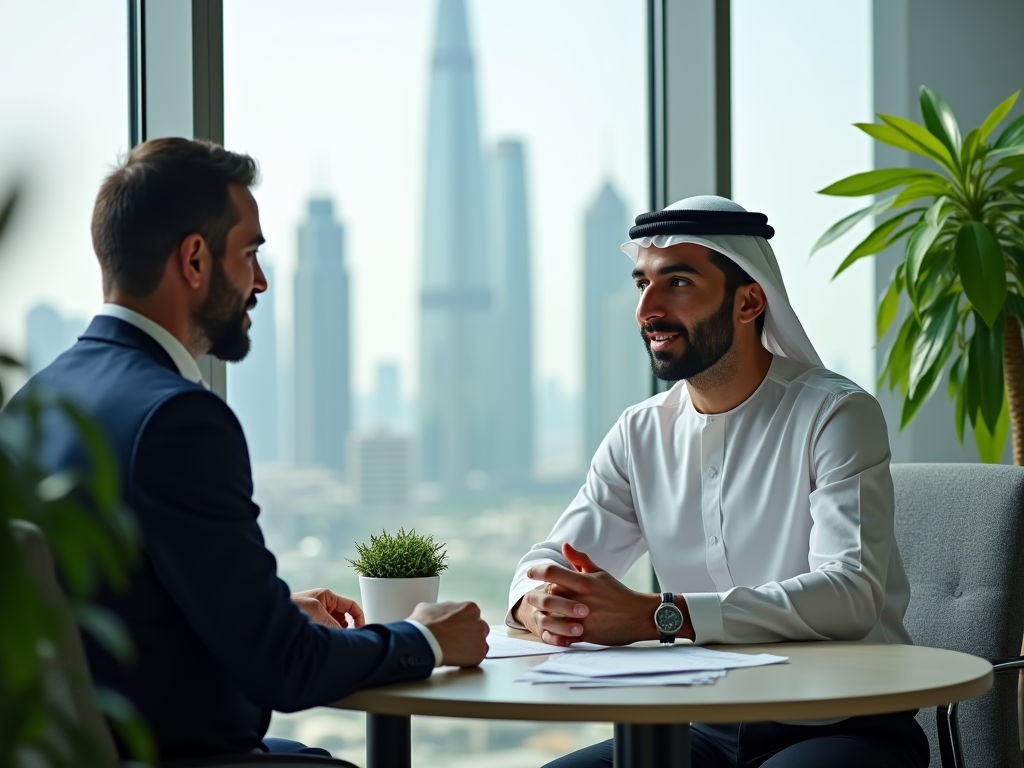 Two men in business attire, one in a suit and the other in a kandura, having a conversation in an office with city views.