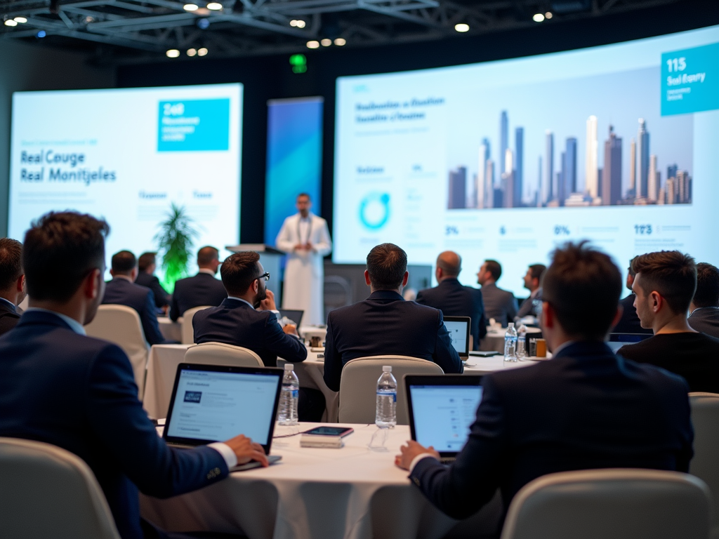 Businessman presenting at a conference with audience and slides visible in the background.