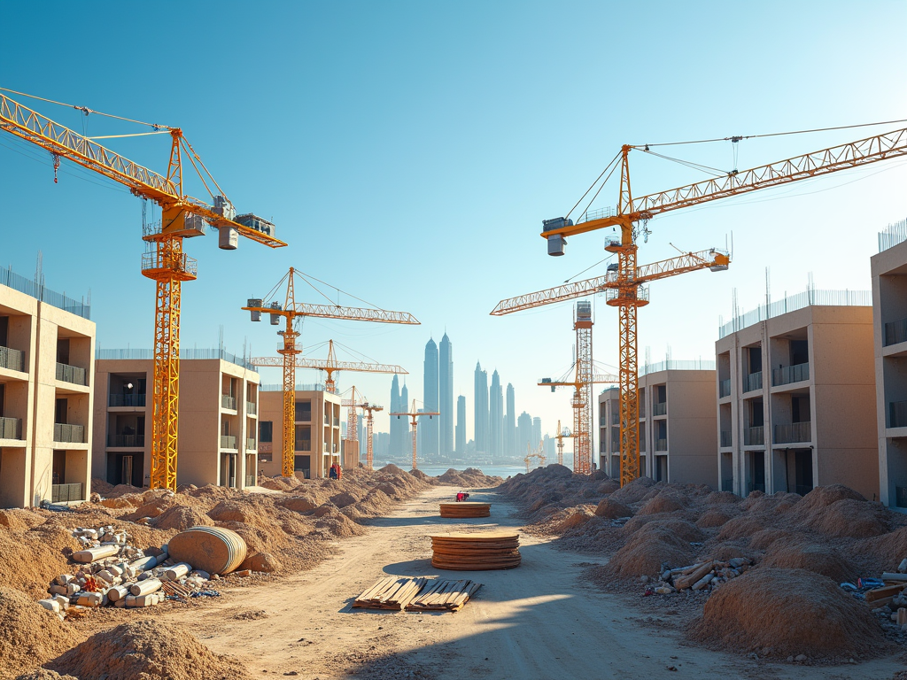 Construction site with several cranes and unfinished buildings, city skyline in the background.