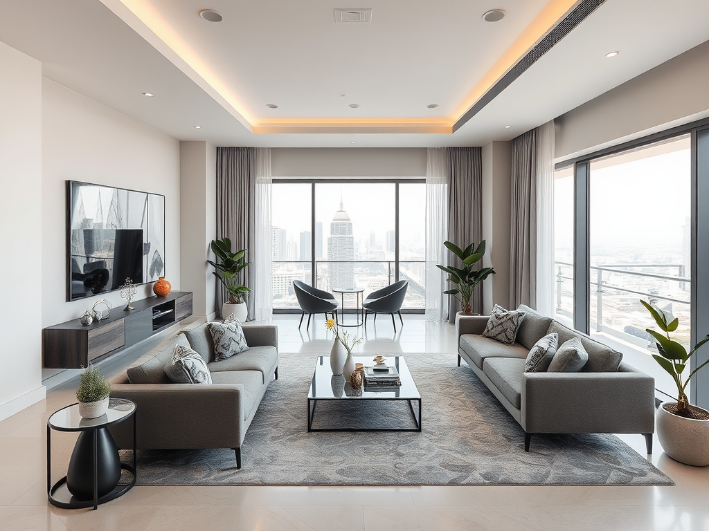 A modern living room with two gray sofas, a coffee table, and large windows showcasing a city skyline view.