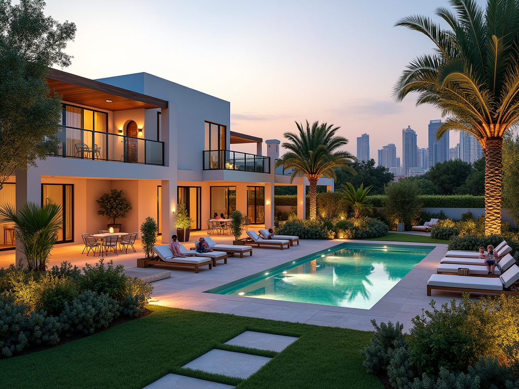 Luxurious modern villa with pool at dusk, people relaxing outdoors, city skyline in background.