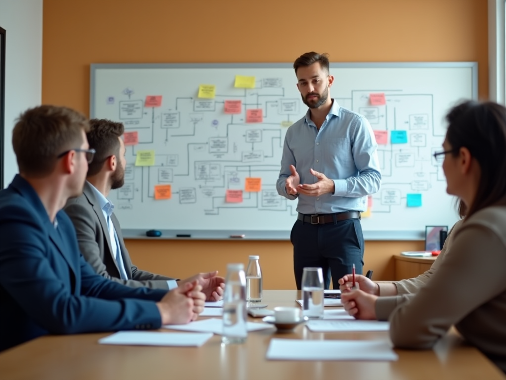 Man presenting to colleagues in a meeting room with a whiteboard covered in notes in the background.