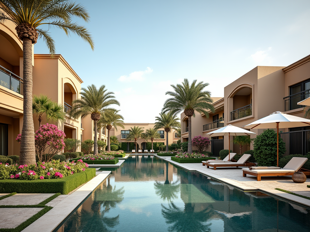 Luxurious resort-style pool surrounded by palm trees and elegant buildings with loungers under umbrellas.