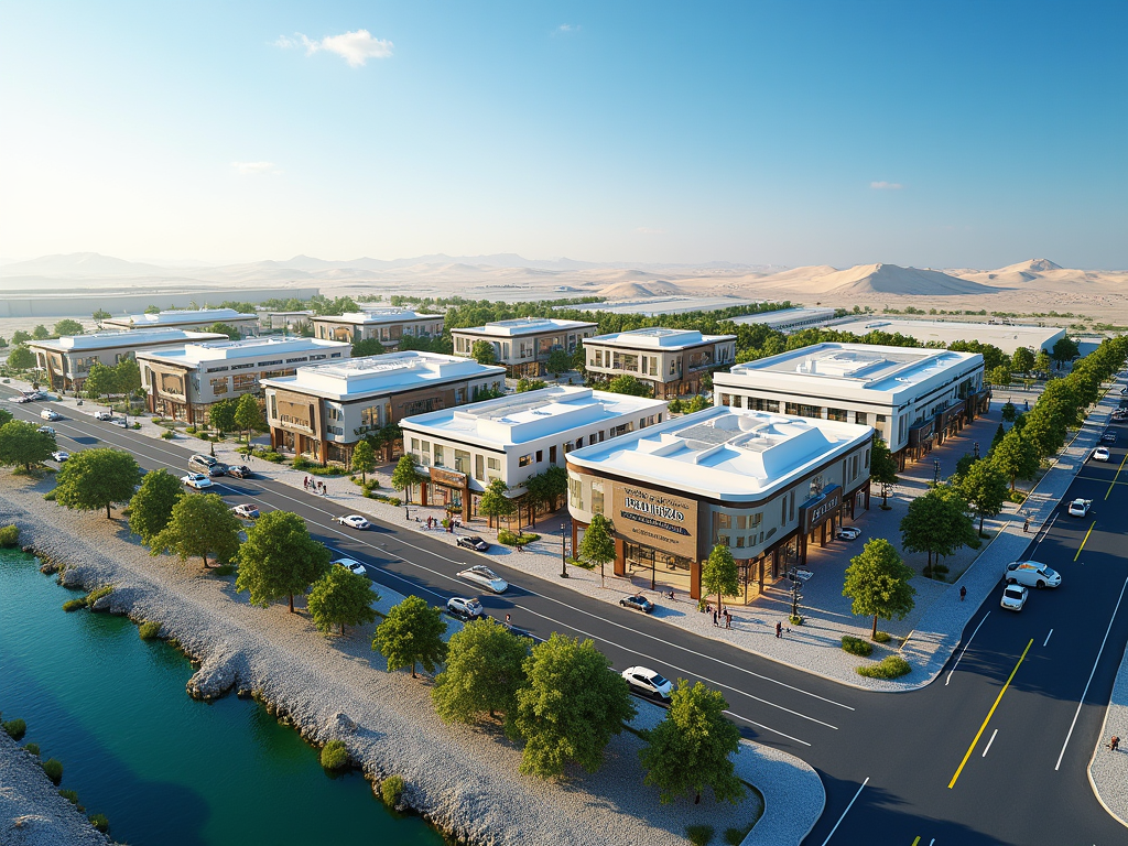 Aerial view of a modern commercial complex by a river with surrounding desert landscape.