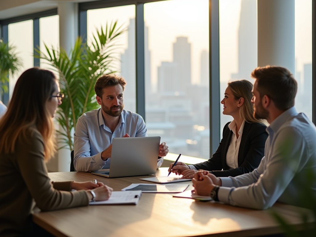 A team meets around a table with a laptop, discussing strategies, city skyline visible through large windows.