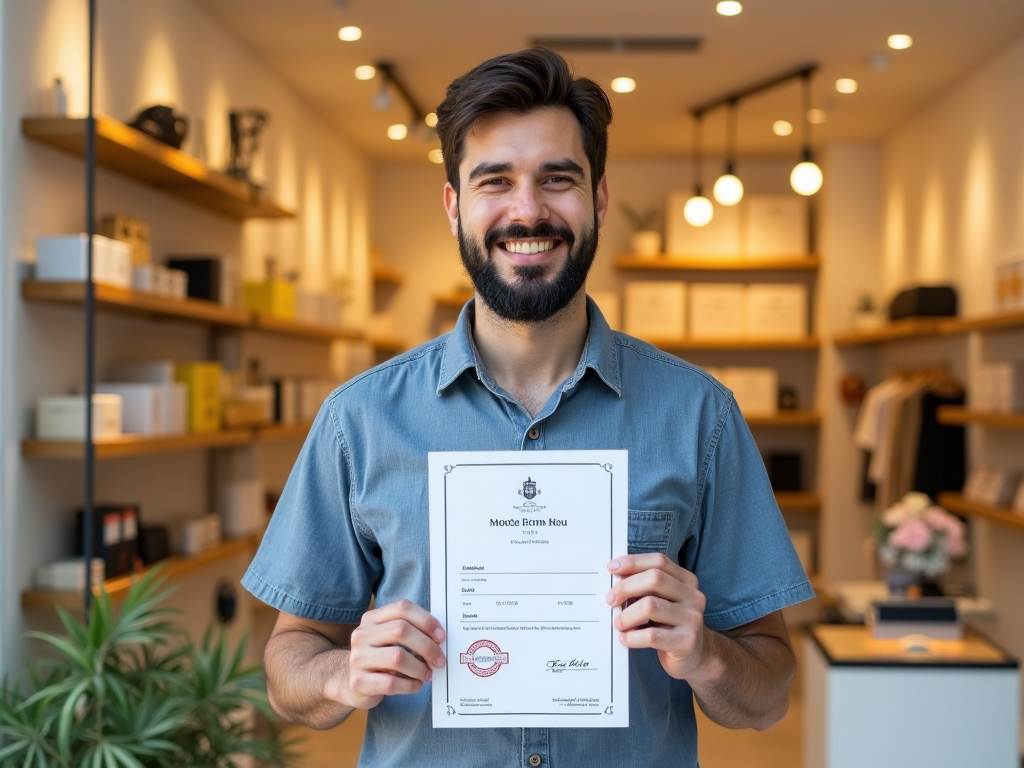 Smiling man holding a certificate in a modern office environment.