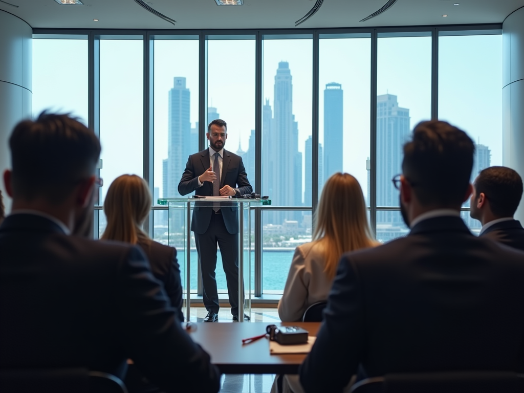 A businessman speaks at a podium to an audience with a skyline view in a modern conference room.