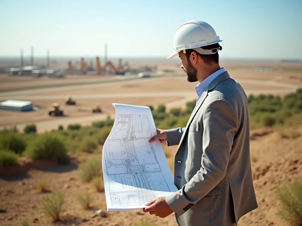 A man in a suit and hard hat examines blueprints with an industrial landscape in the background.