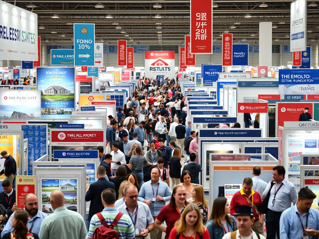 A busy exhibition hall filled with people exploring various vendor booths and displays. Banners hang overhead.